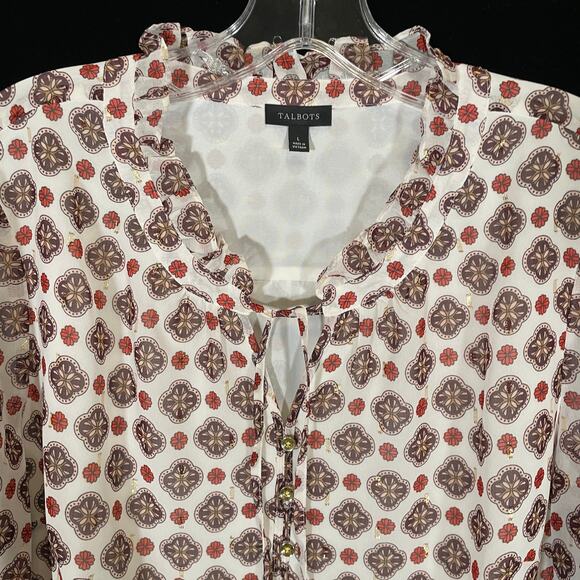 Talbots 2023 Ruffle Neck Blouse in Ditsy Medallion Metallic Sheer Sleeve Gold L - Picture 5 of 7